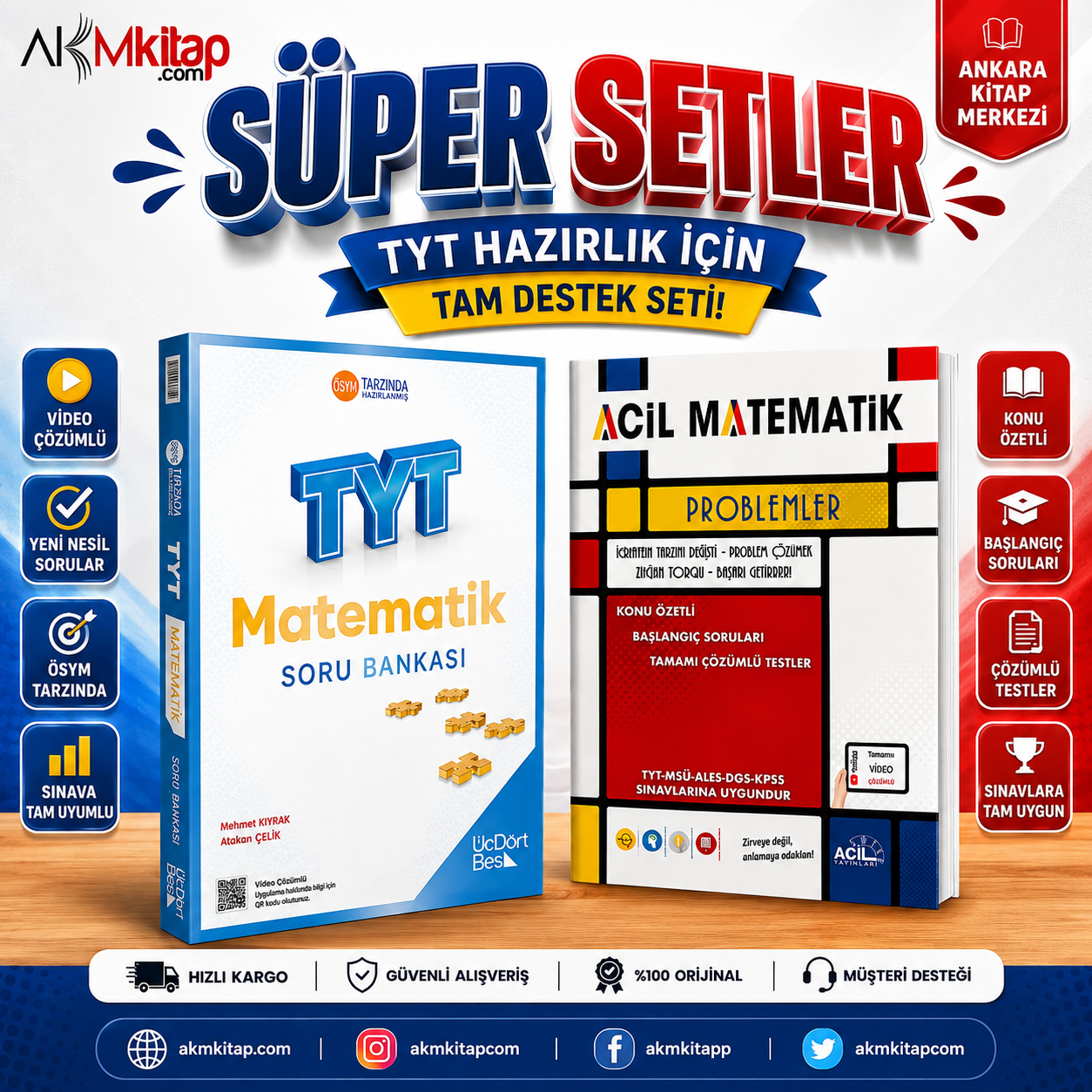 Üç Dört Beş TYT Matematik ve Acil Yayınları Problemler Soru Bankası 2 Kitap Set