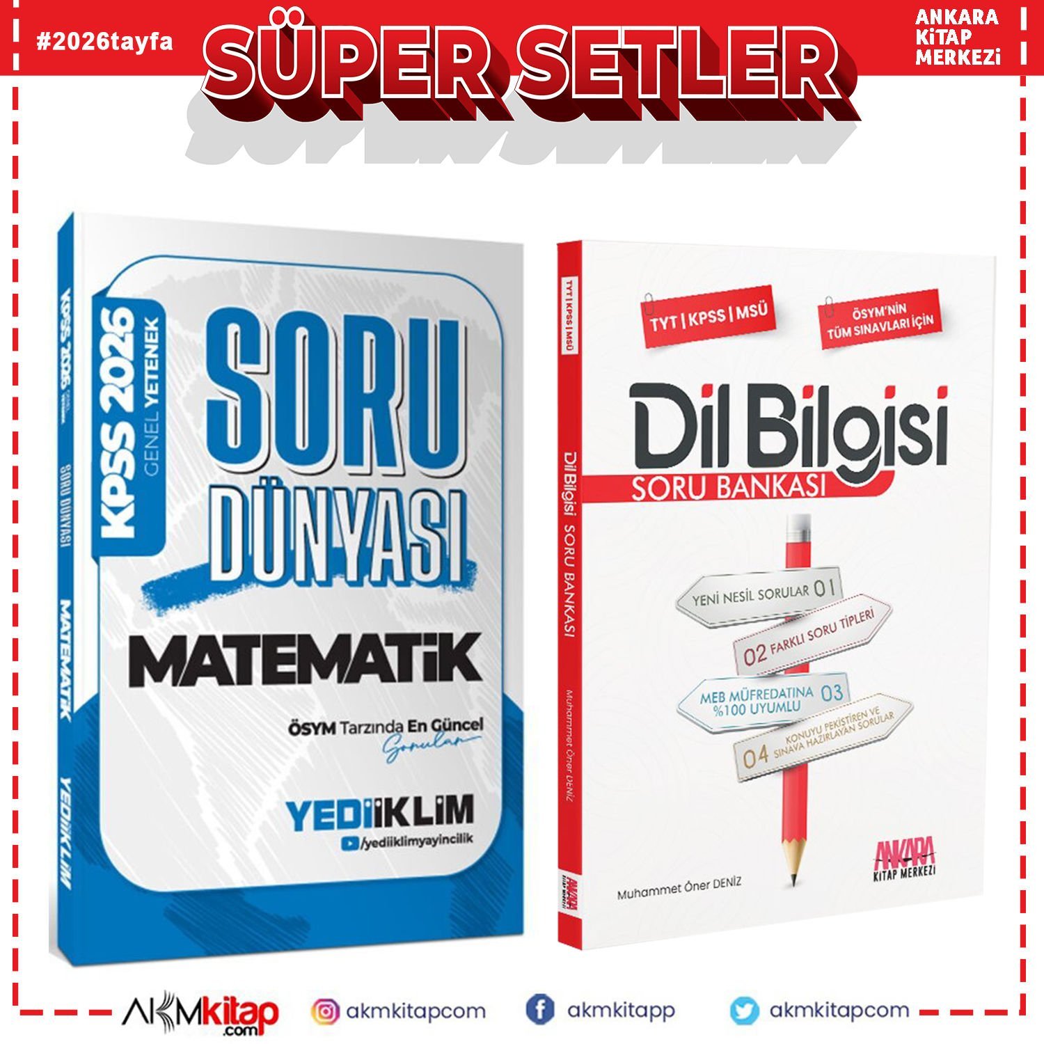 Yediiklim Yayınları 2026 KPSS Genel Yetenek Matematik Soru Dünyası ve AKM Dil Bilgisi Soru Bankası Seti 2 Kitap
