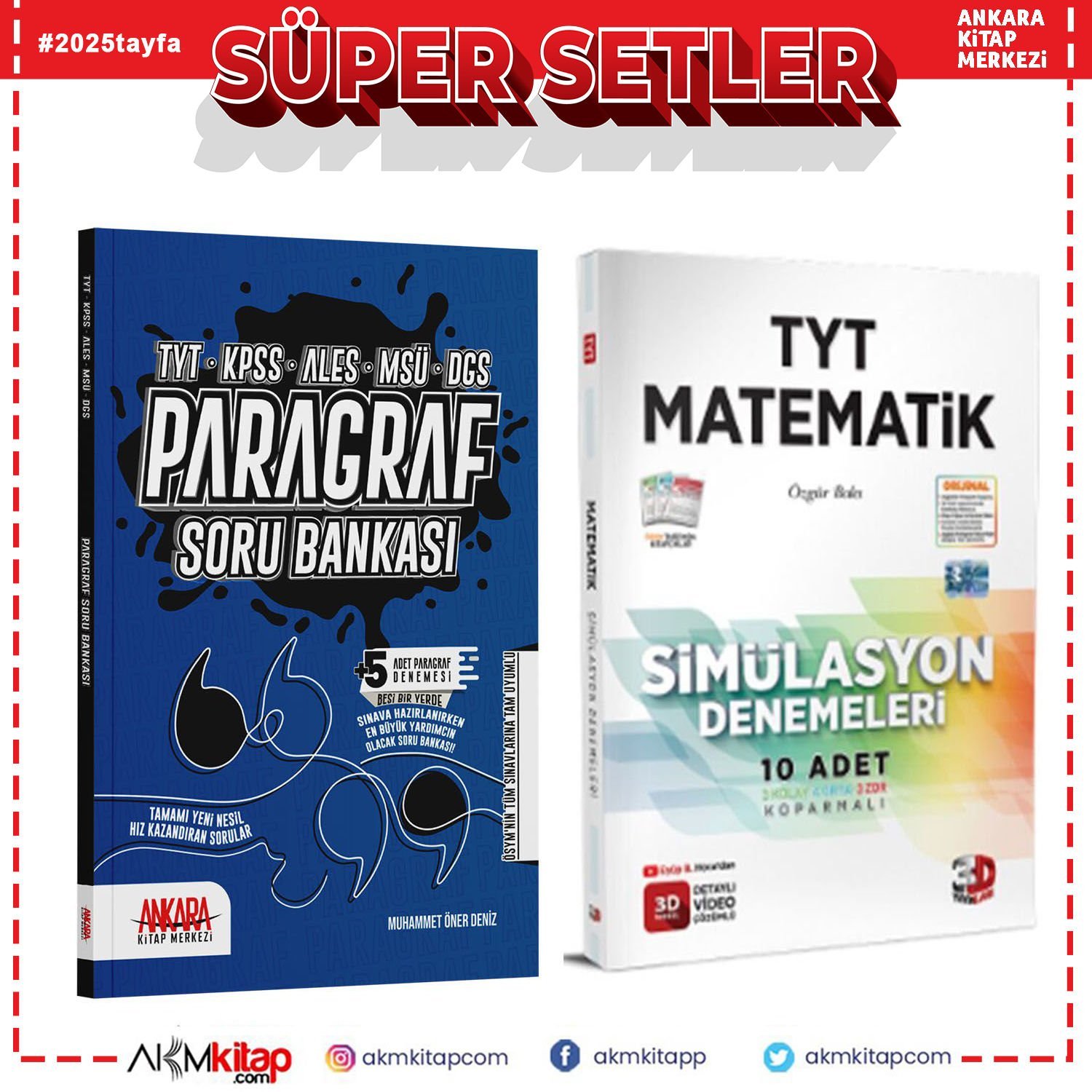 3D TYT Matematik Deneme ve Ankara Kitap Merkezi Paragraf Soru Bankası Seti 2 Kitap