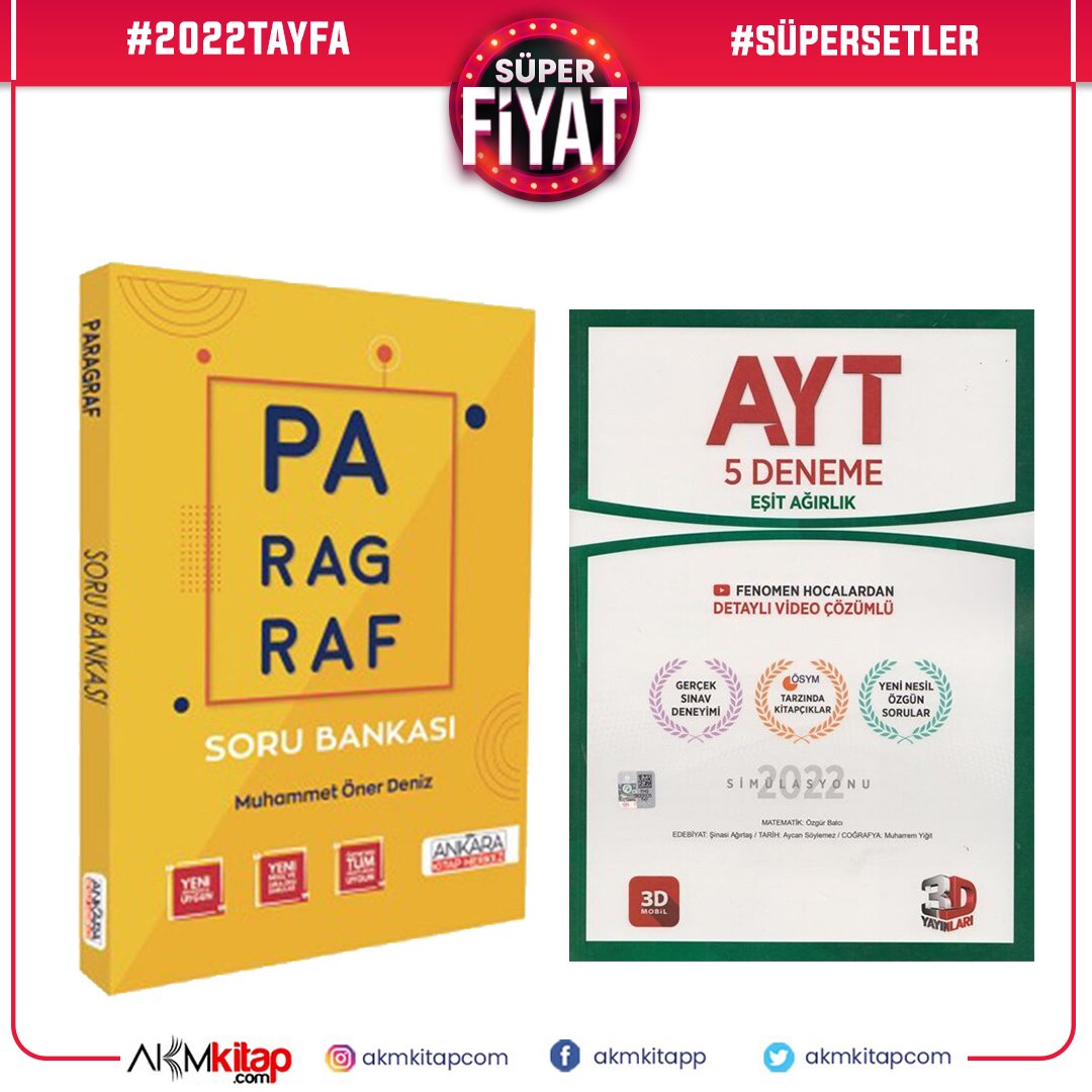 3D AYT Eşit Ağırlık 5 li Deneme ve Ankara Kitap Merkezi Paragraf Soru Bankası Seti 2 Kitap