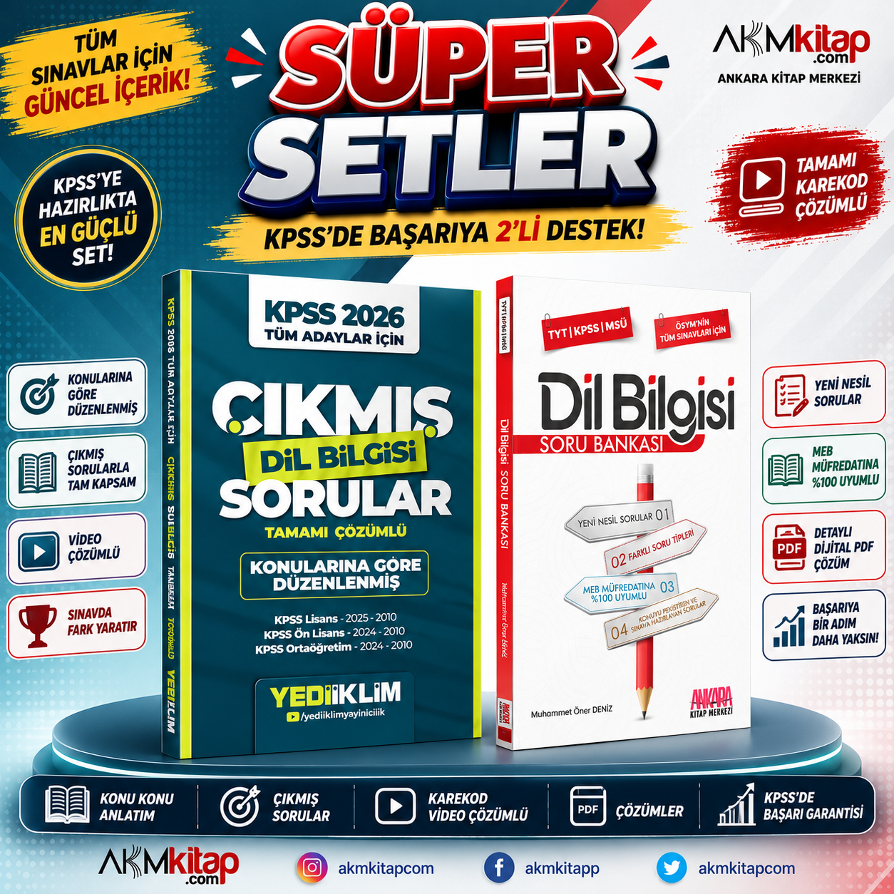 Yediiklim 2026 KPSS Tüm Adaylar İçin Dil Bilgisi Çıkmış Sorular ve AKM Dil Bilgisi Soru Bankası Seti 2 Kitap