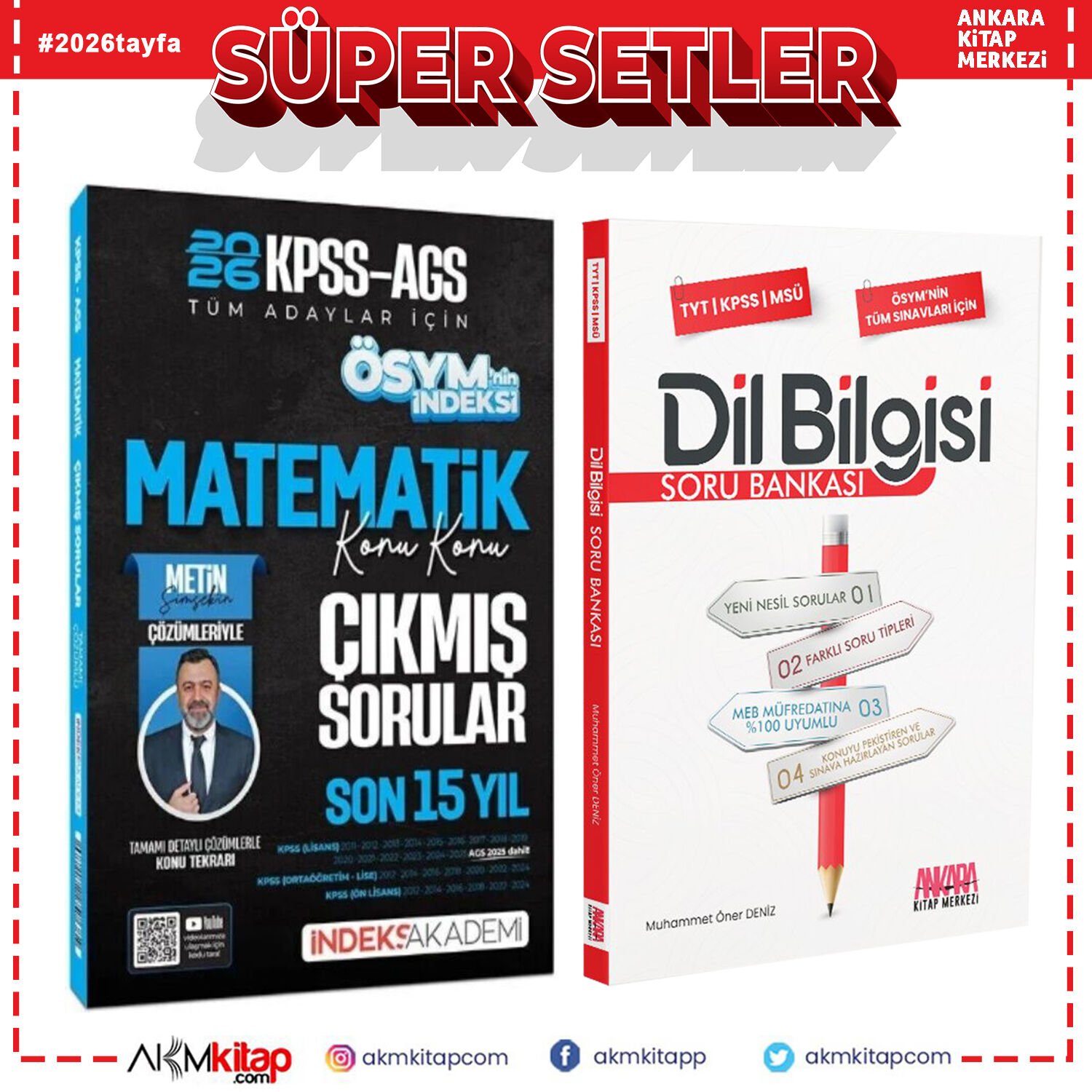 İndeks Akademi 2026 KPSS MEB AGS Matematik ÖSYM nin İndeksi Çıkmış Sorular Son 15 Yıl ve AKM Dil Bilgisi Soru Bankası Seti 2 Kitap