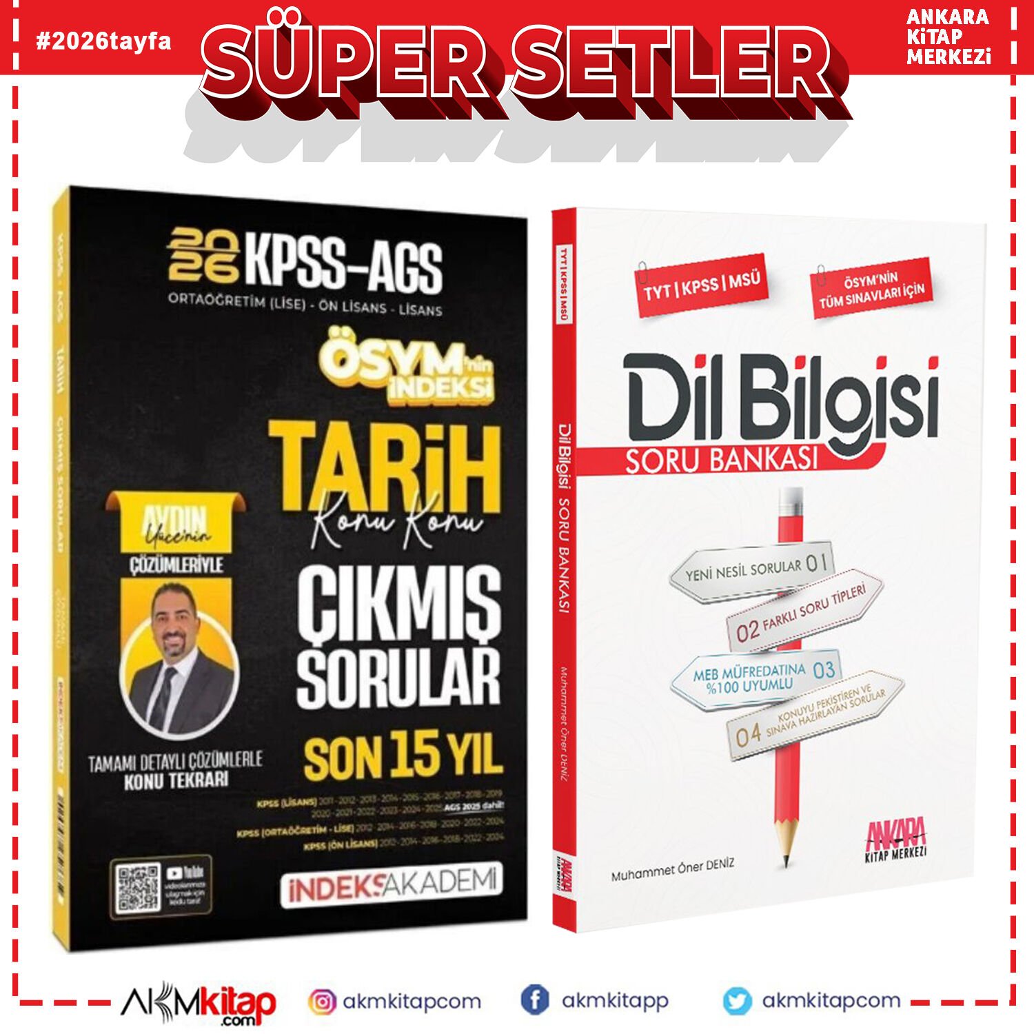İndeks Akademi 2026 KPSS Tarih Son 15 Yıl Çıkmış Sorular ve AKM Dil Bilgisi Soru Bankası Seti 2 Kitap