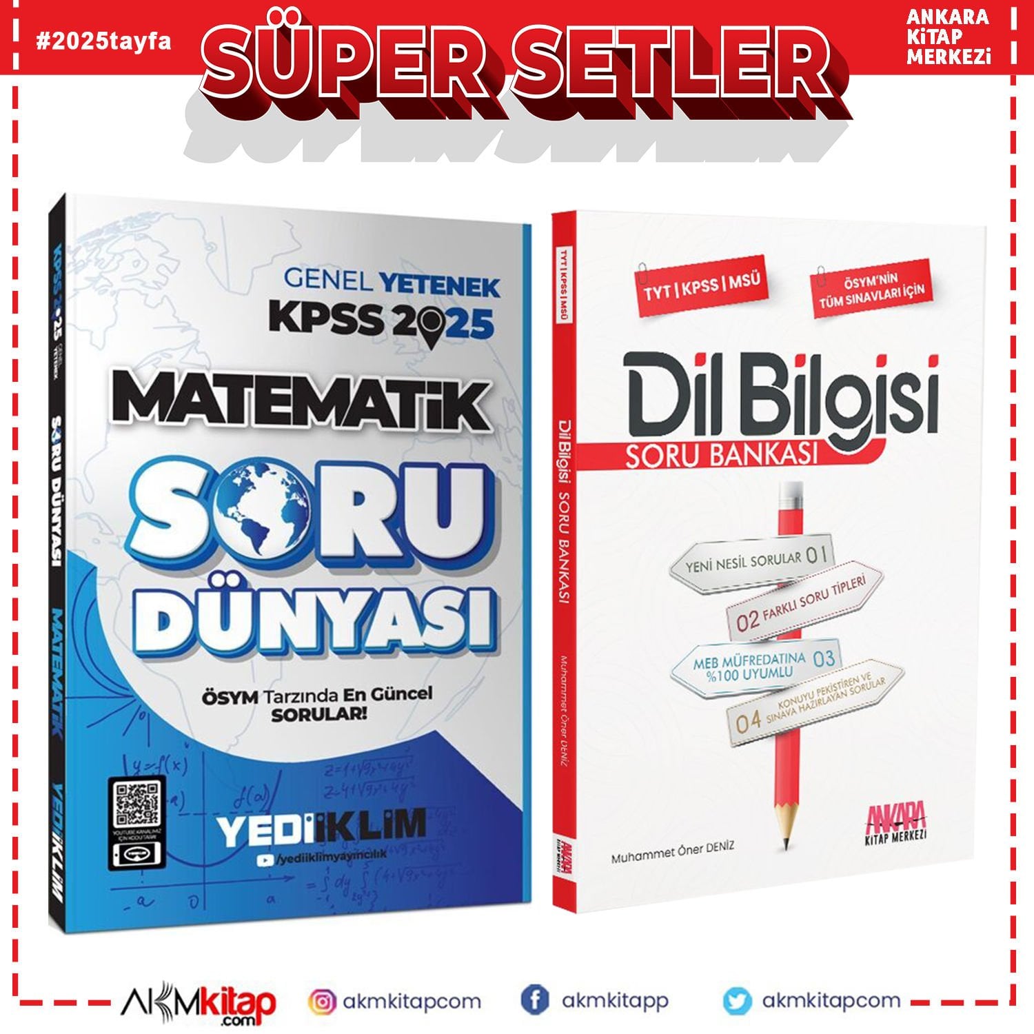 Yediiklim 2025 KPSS Matematik Soru Dünyası ve AKM Dil Bilgisi Soru Bankası Seti 2 Kitap