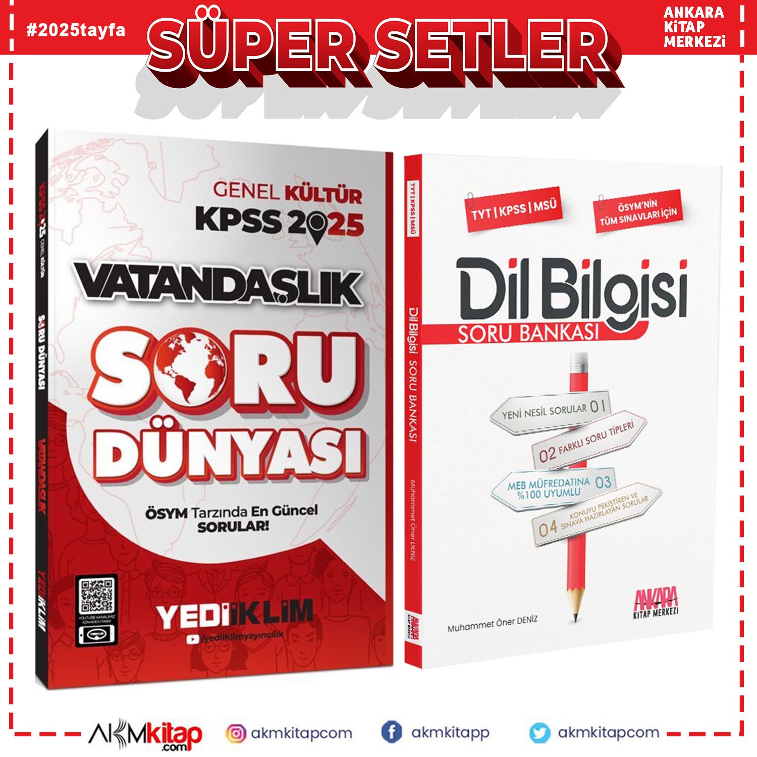 Yediiklim 2025 KPSS Vatandaşlık Soru Dünyası ve AKM Dil Bilgisi Soru Bankası Seti 2 Kitap