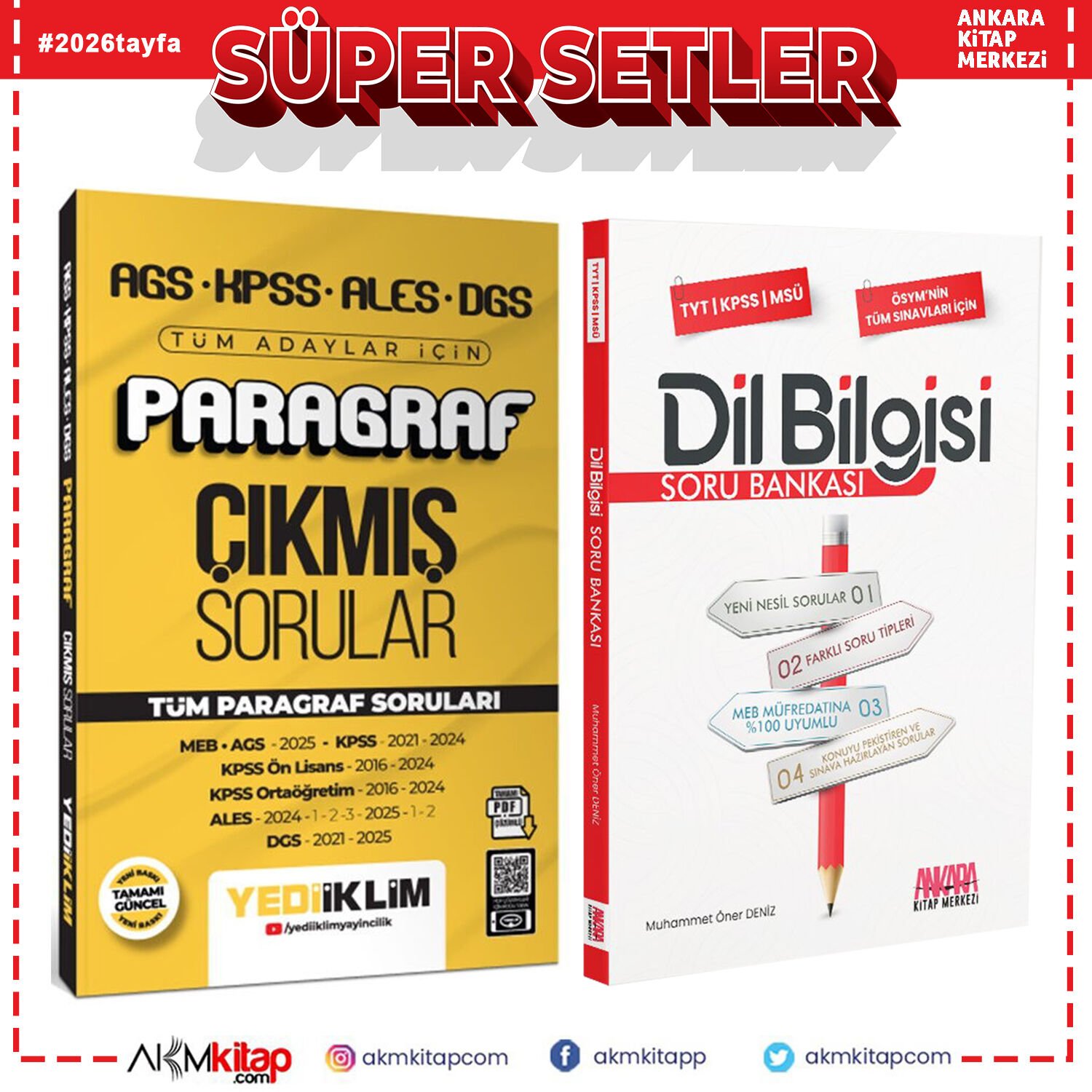 Yediiklim AGS KPSS ALES DGS Tüm Adaylar İçin Paragraf Çıkmış Sorular ve AKM Dil Bilgisi Soru Bankası Seti 2 Kitap