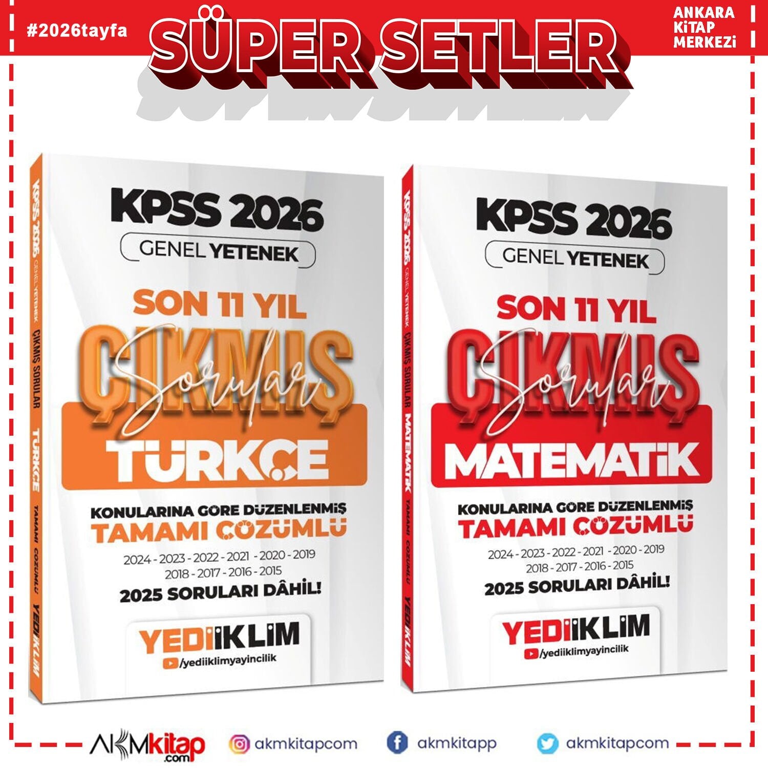 Yediiklim 2026 KPSS Lisans Matematik ve Türkçe Konularına Göre Son 11 Yıl Çıkmış Sorular Seti 2 Kitap