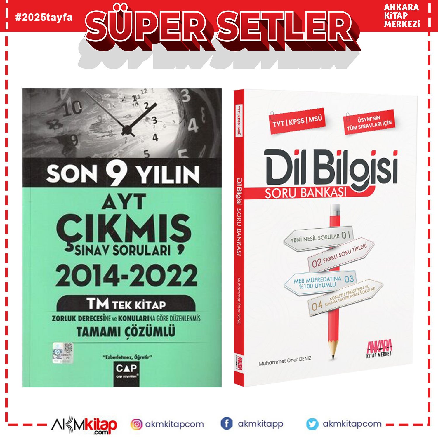 Çap Yayınları AYT Tek Kitap Son 9 Yılın Çıkmış Soruları ve AKM Dil Bilgisi Soru Bankası Seti 2 Kitap