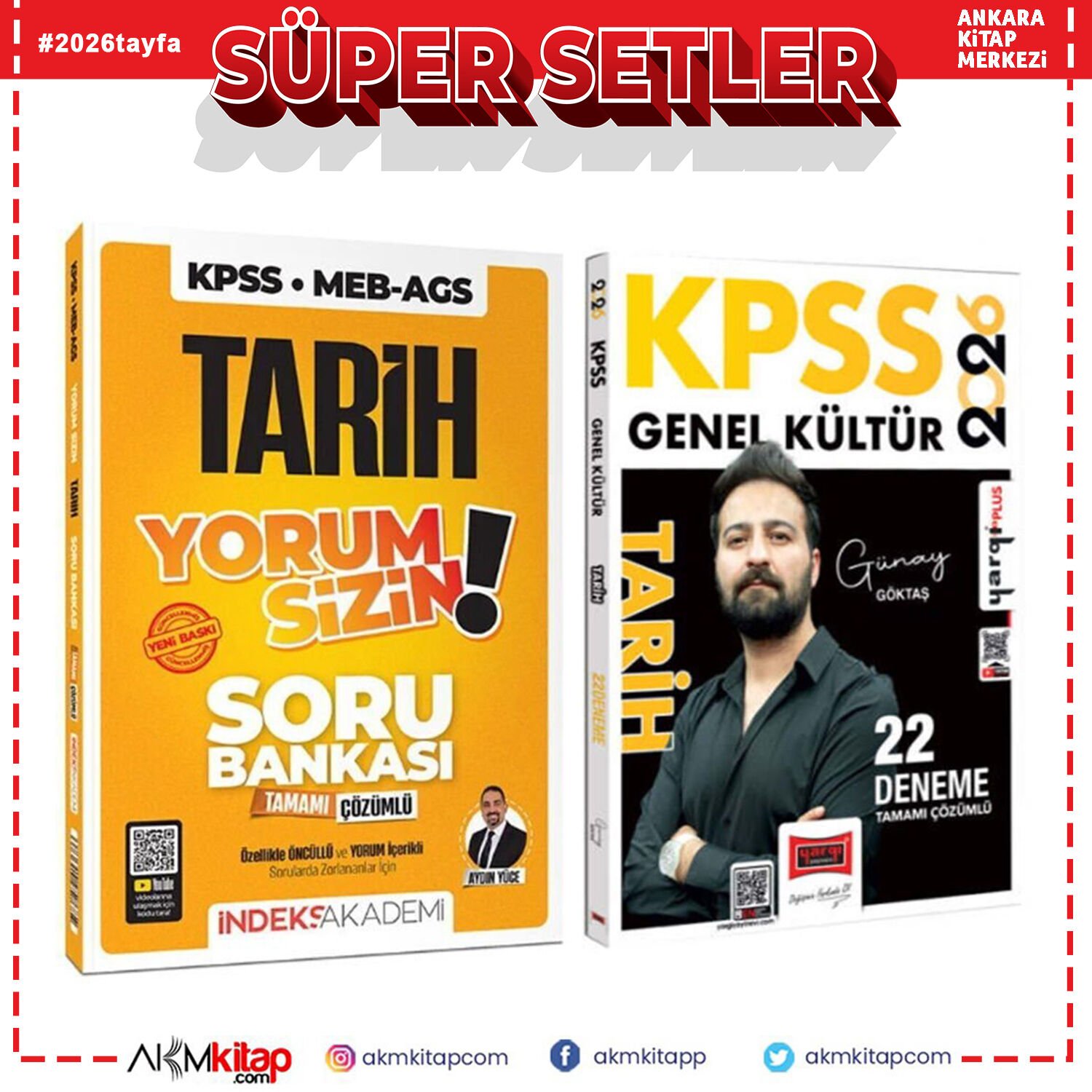 İndeks Akademi 2026 KPSS TYT AYT Tarih Yorum Sizin Soru Bankası ve Yargı Tarih 22 Deneme Seti 2 Kitap