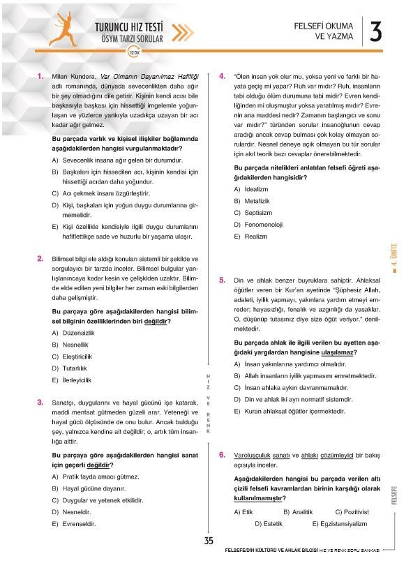 TYT Felsefe Din Kültürü ve Ahlak Bilgisi Soru Bankası Hız ve Renk Yayınları