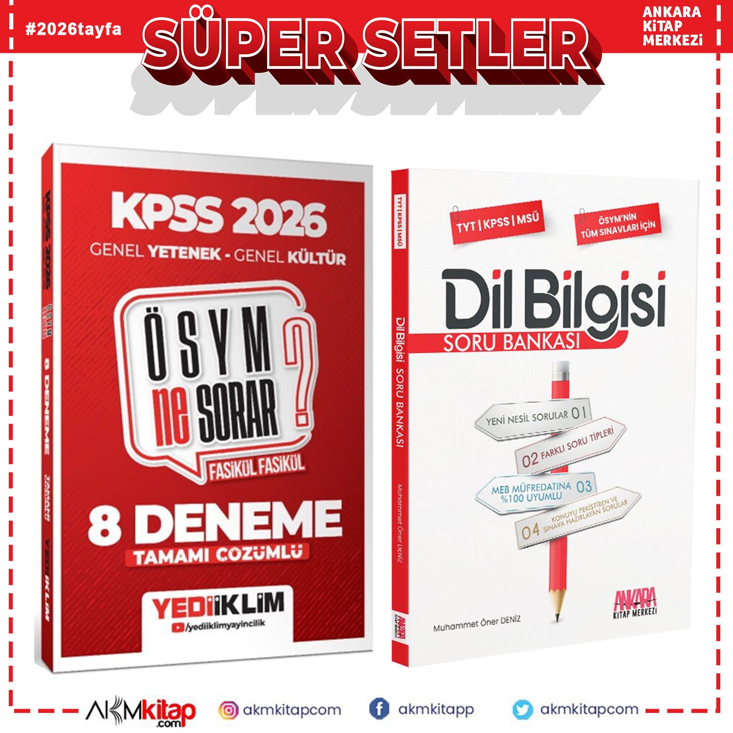 Yediiklim 2026 KPSS ÖSYM NE SORAR GY GK Tamamı Çözümlü Fasikül 8 Deneme ve AKM Dil Bilgisi Soru Bankası Seti 2 Kitap